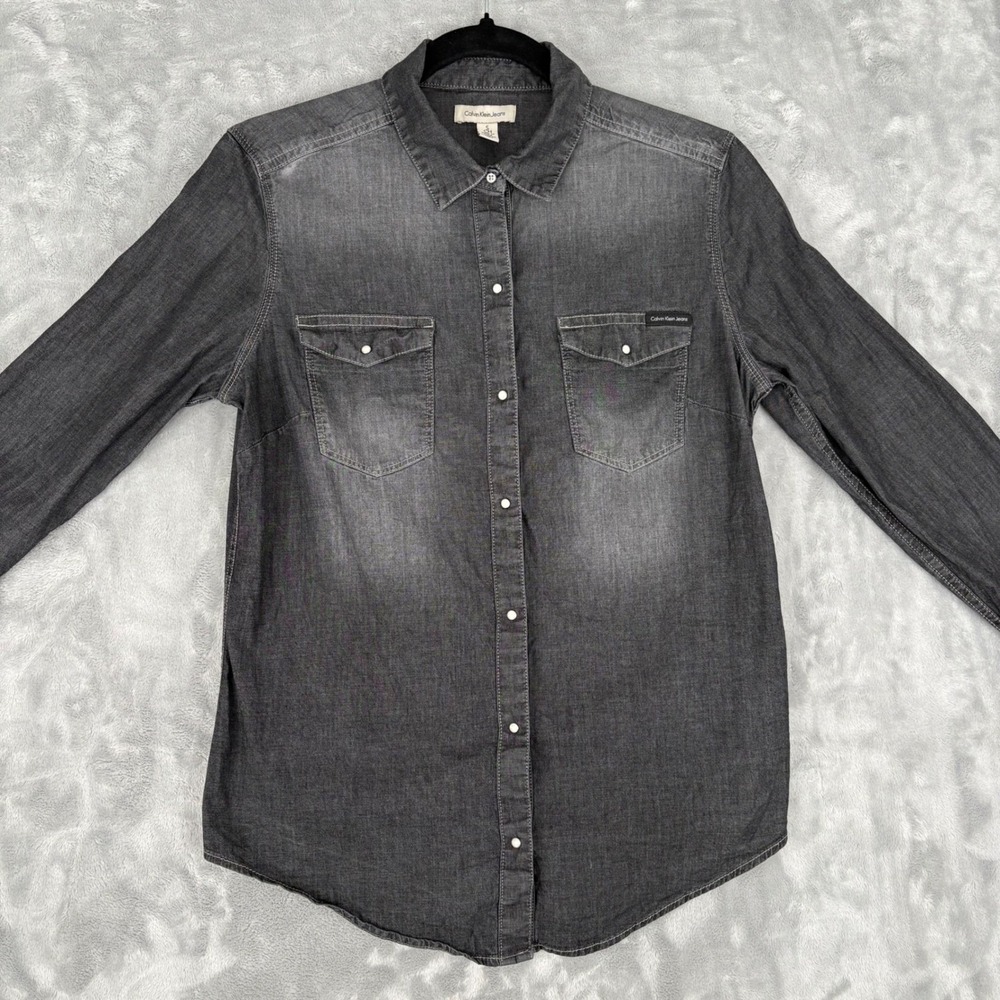 Calvin Klein Jeans Gray Washed Pearl Snap Button Up Long Sleeve Shirt Size Small